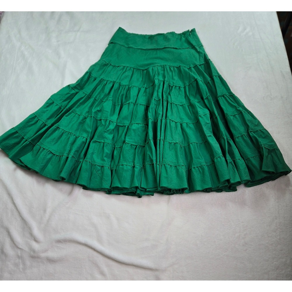 MCM Green Tiered Ruffle Cotton Maxi Skirt Boho Peasant Style Small Cottagecore
